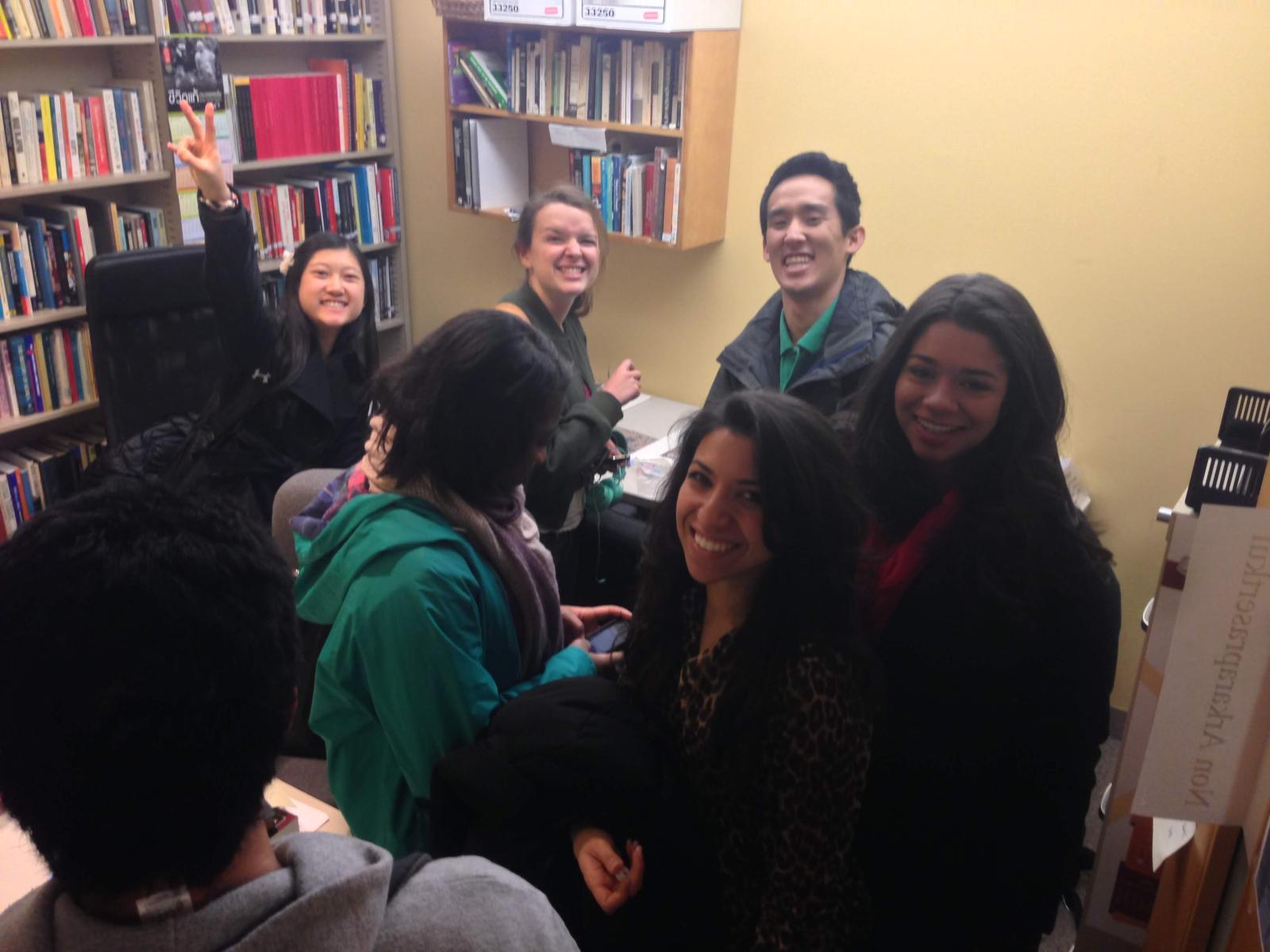 My students hanging out with me in my "library"